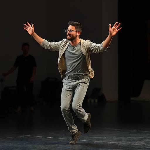 Acteur die vrij en expressief beweegt tijdens een improvisatie-oefening