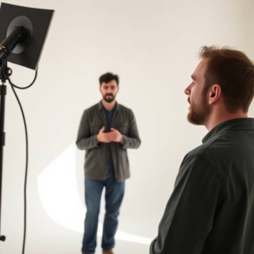 Acteur oefent ademhalingstechnieken en stemverheffing.
