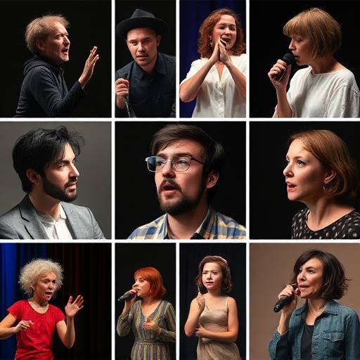 Collage van verschillende acteertechnieken zoals mime, drama en stemgebruik.