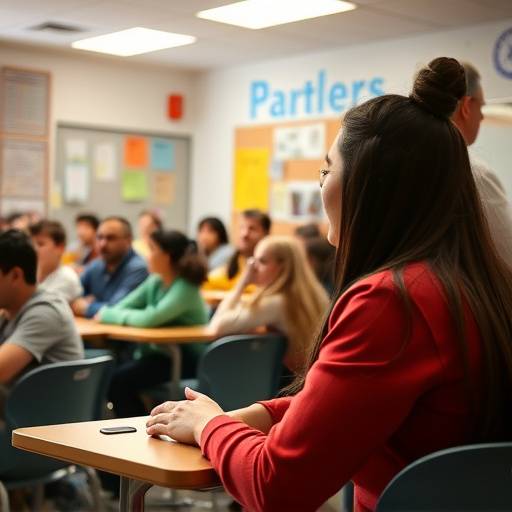 Een levendige klaslokaal setting met studenten die luisteren naar hun docent.
