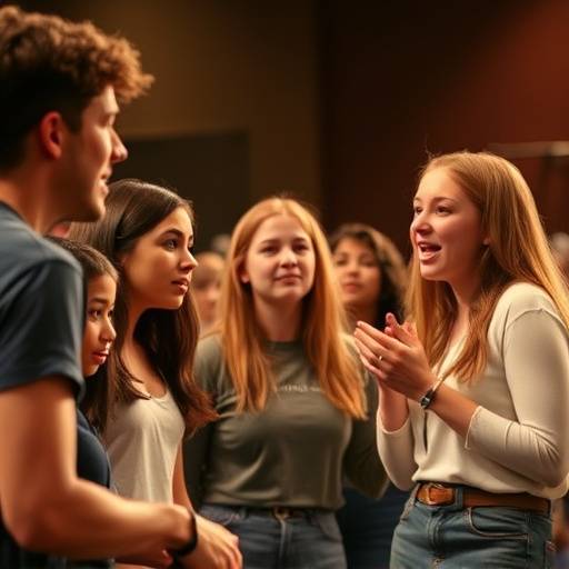 Groep studenten die met passie acteren in een theaterklas