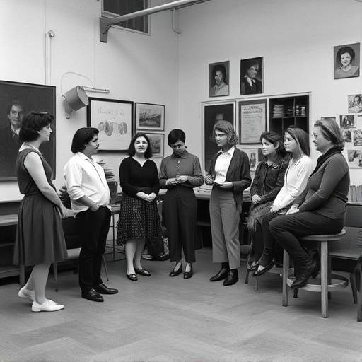 Historische foto van de vroege dagen van Studio De Podiumkunst, met studenten en docenten in gesprek.