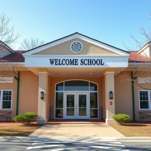 Welkomstvooraanzicht van de school met de ingang